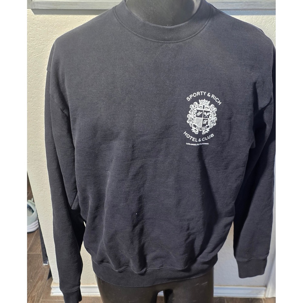 Sporty & Rich Hotel & Club Crest Sweatshirt Black Mens Medium Made in USA